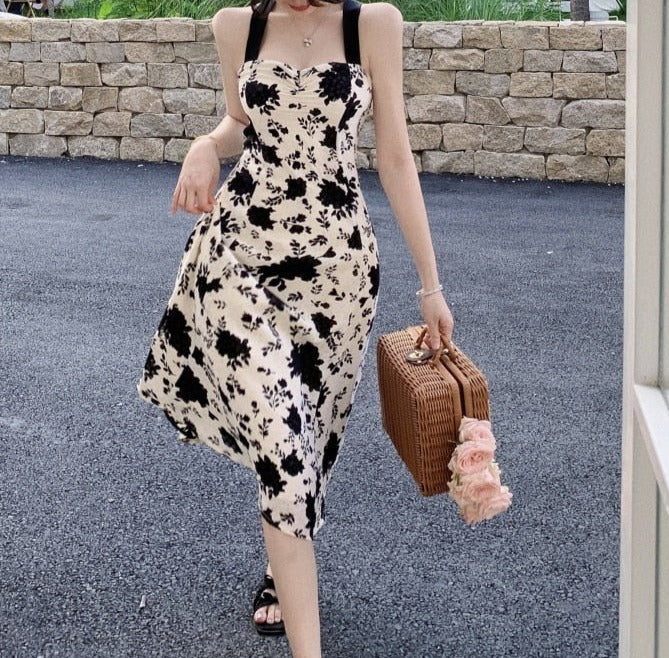 Vintage High Quality Strappy Elegant Print Midi Dress