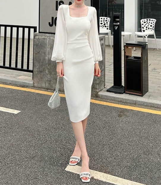 High Quality Elegant Flare Sleeve Bodycon White/Black Sheath Dress Black / S High Quality Elegant Flare Sleeve Bodycon White/Black Sheath Dress Black / S