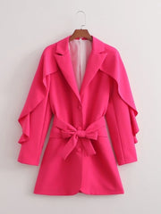 Casual Long Sleeve Cascading Ruffle Belted Suit Coat