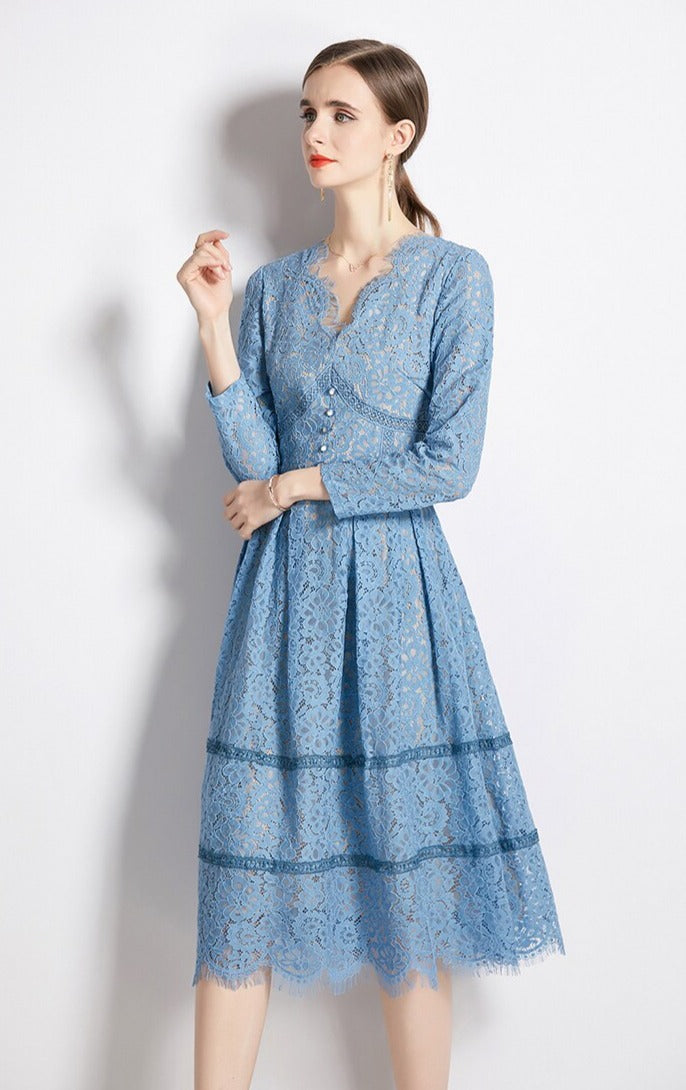 High Quality Long Sleeve V Neck Elegant Lace Midi Dress