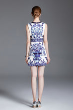 High quality blue and white porcelain print sleeveless flared dresses