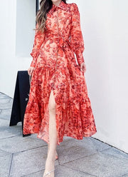 Maxi Dress Lantern Sleeve Button Down High Quality Print Ruffles