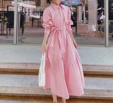Pink dress with collar long sleeves with pocket on the sides and high quality bow