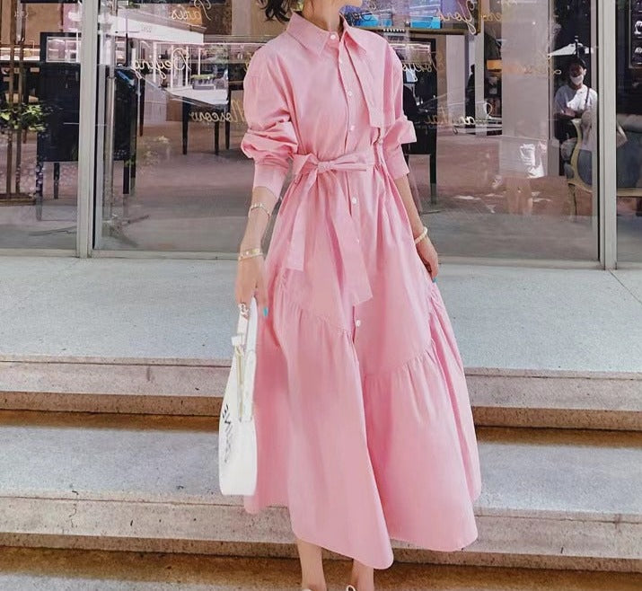 Pink dress with collar long sleeves with pocket on the sides and high –  ETERNA