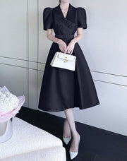 Elegant Double Breasted Midi Puff Sleeve Belted High Waist Plain Dress