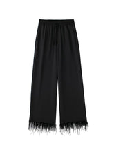 Women Fashion With Feathers 2 Piece Set Single Breasted Blouse & Vintage Elastic Waist Trouser Female Chic Pants Sets