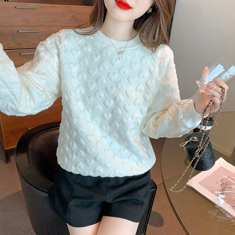 Women 3D Embossed Loose Casual Sweatshirt O-Neck Vintage Work Tops Korean Design Long Sleeve T-Shirts