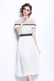 High Quality Vintage Designer Short Sleeve Floral Lace Sexy Pleated Dress