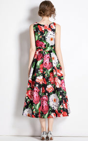 High Quality Midi Floral Print Sleeveless Round Neck Dress