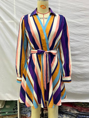 Multicolor Striped V-Neck Belt Long Sleeve Casual Loose Swing Dress