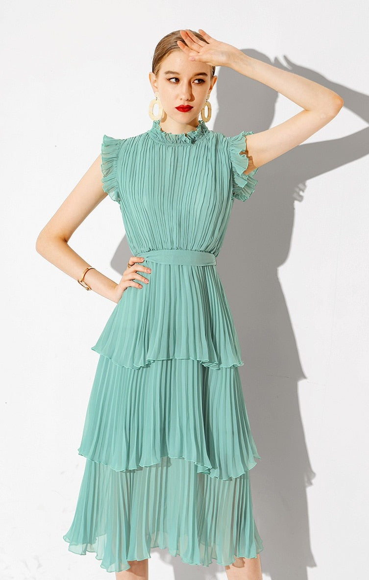 High Quality Multi Color Sleeveless Pleated Ruffle Maxi Dress