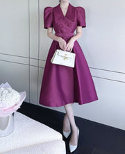 Elegant Double Breasted Midi Puff Sleeve Belted High Waist Plain Dress