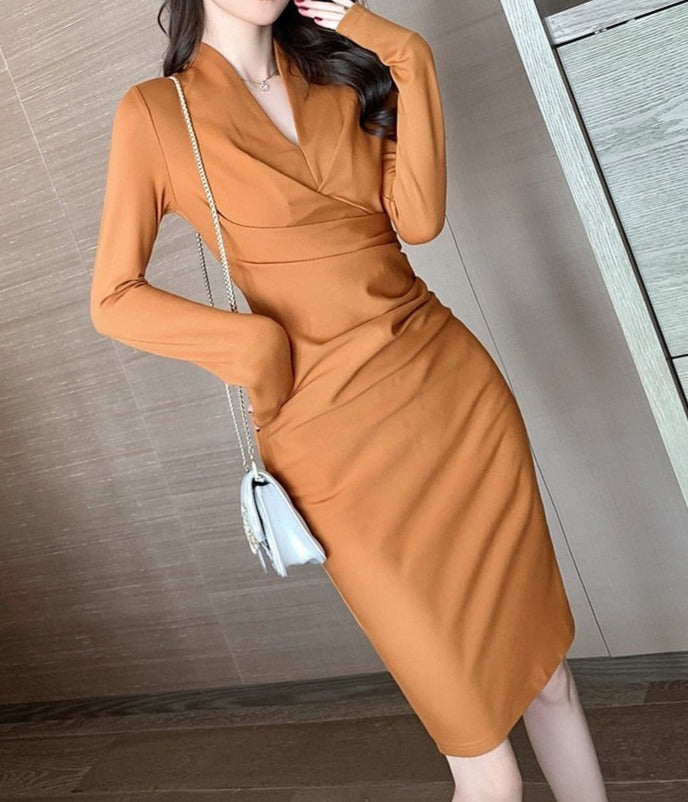 High Quality V Neck Long Sleeves Bodycon Knee Length Pencil Dress