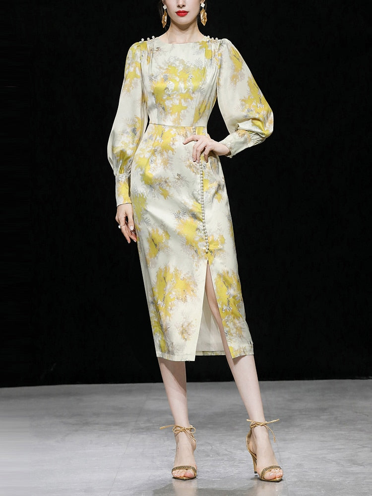 High Quality Print Elegant Long Sleeves Sheath Dress