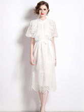 High quality embroidered dress high neck lantern sleeve short with ruffles and bows