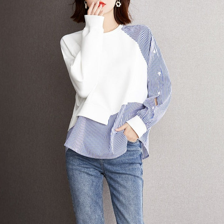 Irregular Striped Shirt Panel Sweatshirt Office Blusas Vintage Top Simple Chiffon Women Blouses Casual Shirts