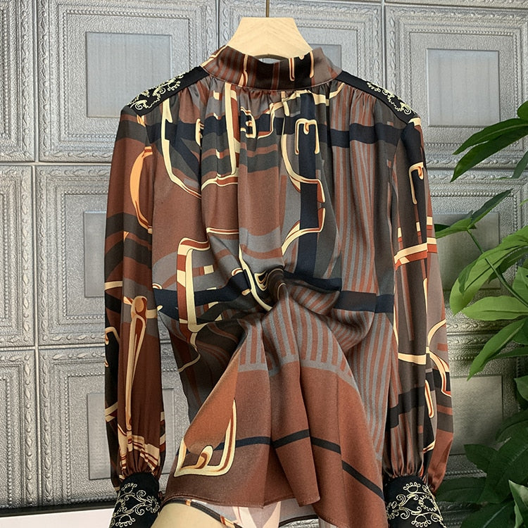 High Quality Lantern Sleeve Stand Collar Striped Silk Satin Shirt