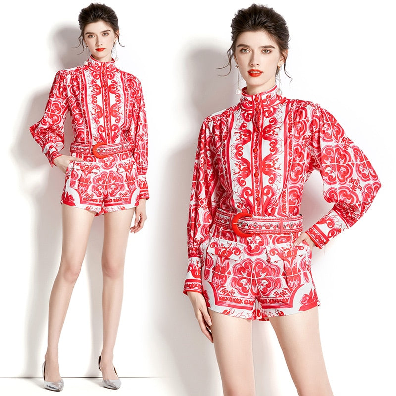 High Quality Print High Neck Lantern Long Sleeve Belted 2 Piece Set