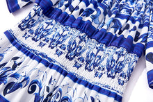 High quality midi flare sleeve cold shoulder blue and white porcelain print dress