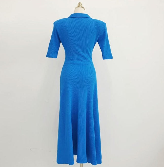 High quality long stretch knit blue dress