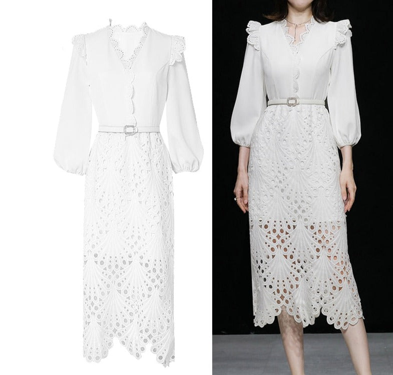 Elegant white midi dress with embroidery long sleeves of high quality