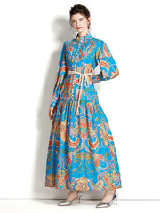 High Quality Loose Belt Floral Print Multicolor Long Sleeve Lantern Dress