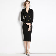 High Quality Double Breasted Long Sleeve V Neck Elegant Dress