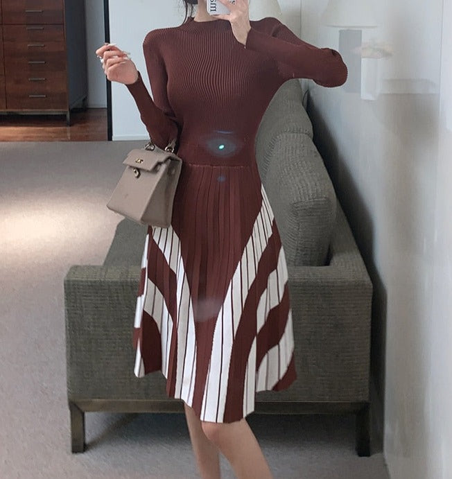 High Quality Striped Long Sleeves Pleated A Line Sweater Dress