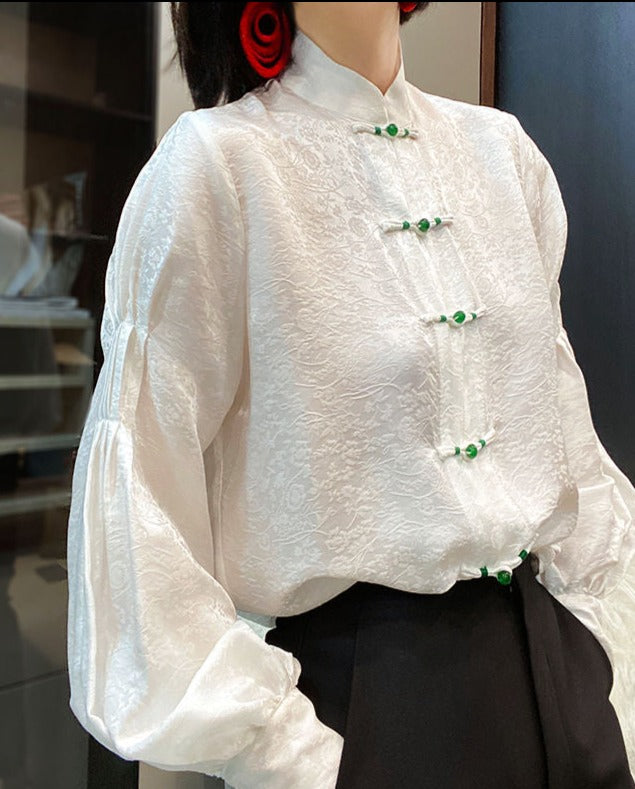 High Quality Loose Fit White Long Sleeve Silk Blouses