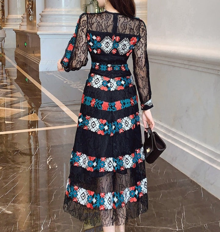 fashion elegant lace embroidered dress High Quality Long Sleeve Embroidery Elegant Lace Dresses Black / L