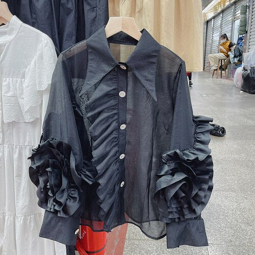 Sweet Ruffled 3D Flower Sleeve Drill Shirt