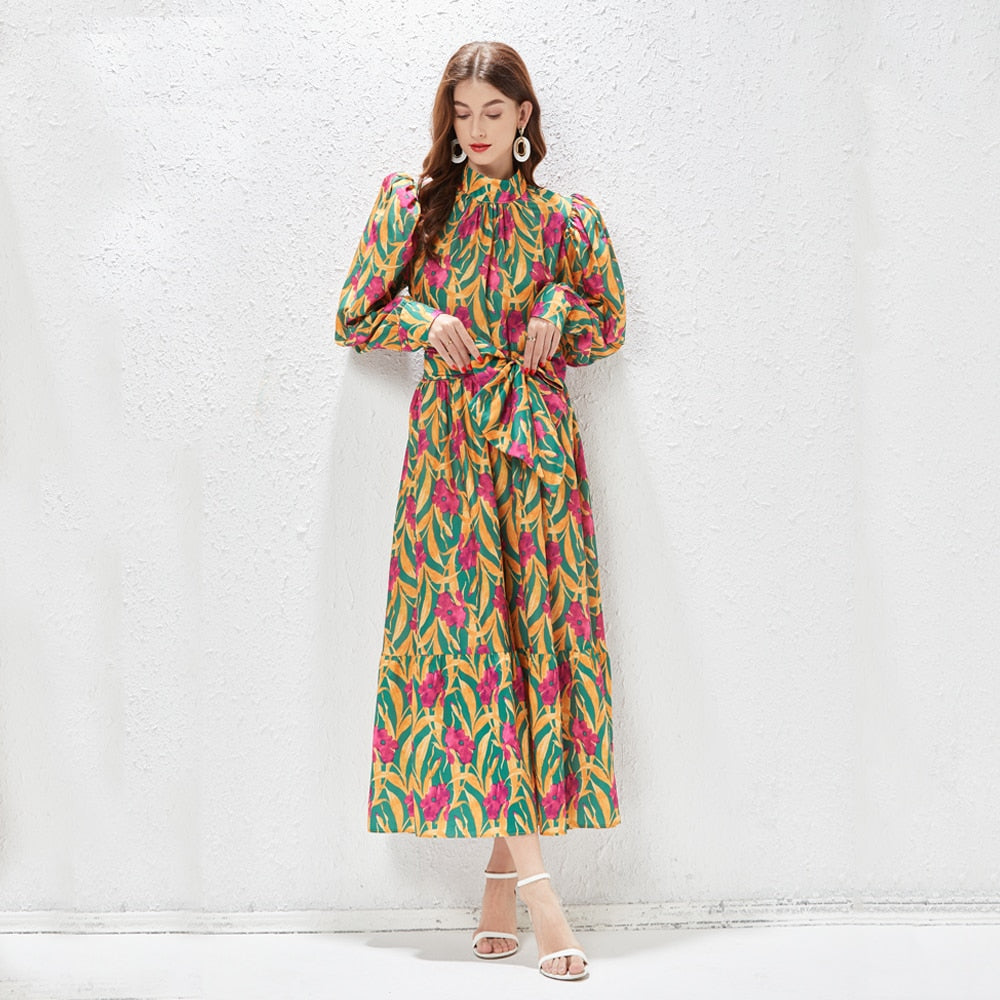 Printed Maxi Dress High Neck Long Lantern Sleeve High Quality Belt