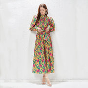 Printed Maxi Dress High Neck Long Lantern Sleeve High Quality Belt