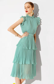 High Quality Multi Color Sleeveless Pleated Ruffle Maxi Dress