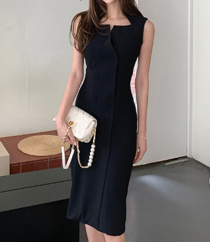 High Quality Sleeveless Double Breasted Elegant Sheath Dress