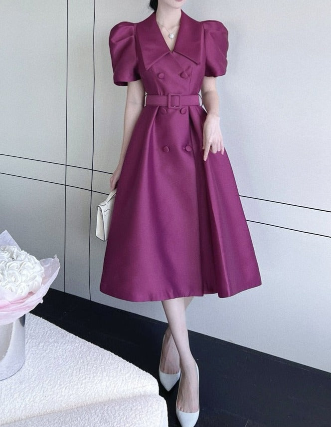 Elegant Double Breasted Midi Puff Sleeve Belted High Waist Plain Dress