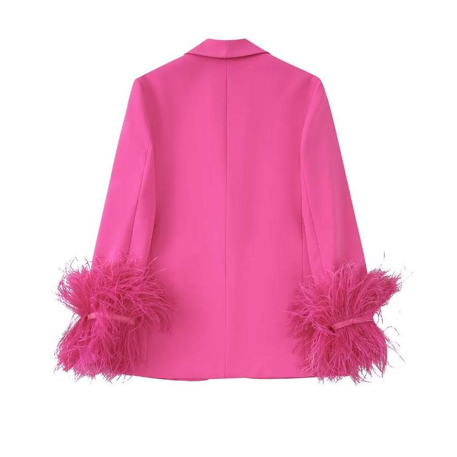 Pink Feather Blazer Woman Straight Button Jacket Women Fashion Streetwear Blazer Women Long Sleeve Blazers for Women Coats