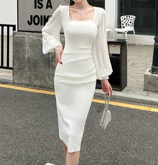 High Quality Elegant Flare Sleeve Bodycon White/Black Sheath Dress Black / S High Quality Elegant Flare Sleeve Bodycon White/Black Sheath Dress Black / S