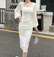 High Quality Elegant Flare Sleeve Bodycon White/Black Sheath Dress