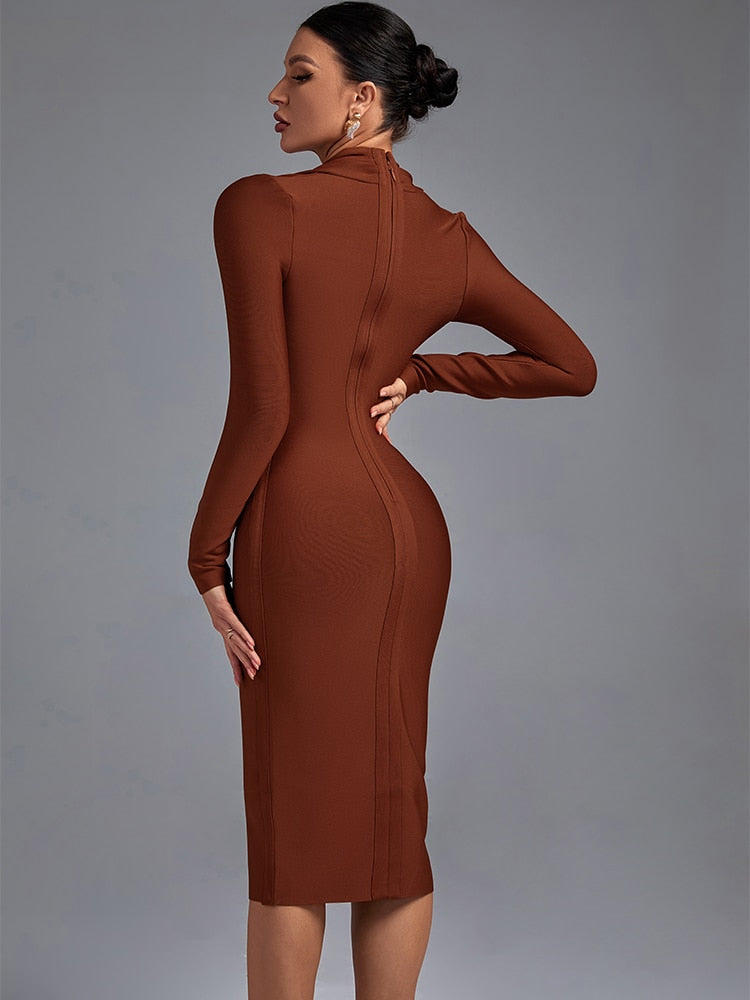 Brown Bandage Dress Long Sleeve Bodycon Elegant Sexy Midi Dress Tan / M Brown Bandage Dress Long Sleeve Bodycon Elegant Sexy Midi Dress Tan / M