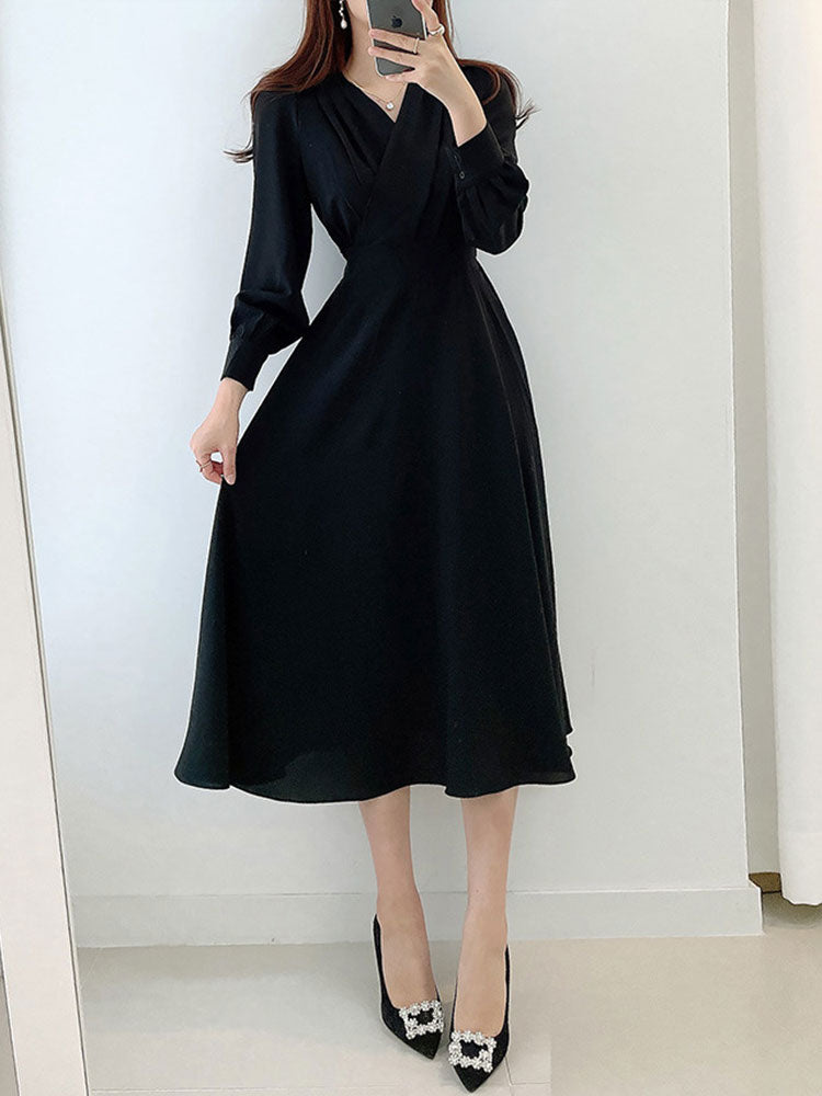 High Quality V Neck Long Midi Dress Luxury Elegant Solid High Waist Dress