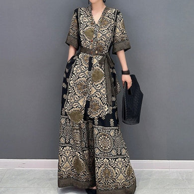 High Quality Printed V Neck Tops and Long Wide Leg Pants Two Piece Set