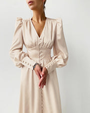 V Neck Long Sleeves Flared Maxi Dress