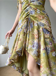 High Quality Mermaid Asymmetrical Hem Ruffled Floral Print Dress