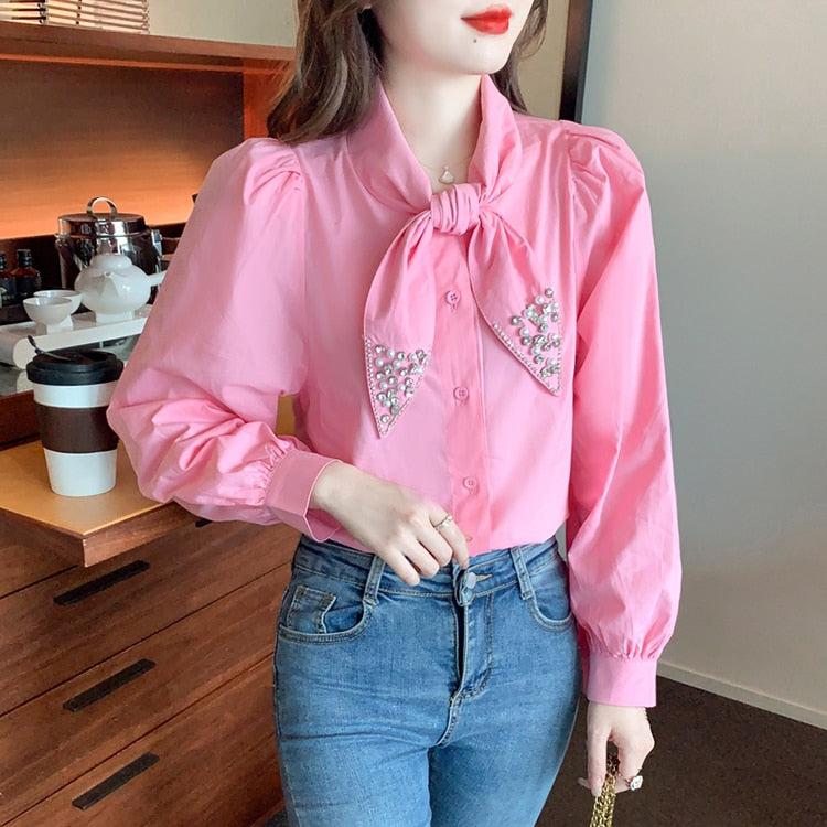 Rhinestone Fashion Office Chiffon Blouse Womens Blouses Vintage Casual Top Long Sleeve Blusas Loose Shirts