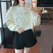 Loose Women Tops Mesh Beading Casual Sweatshirt O-Neck Vintage Work Korean Long Sleeve Simple T-Shirts