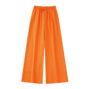 Women Fashion Solid Color Side Pocket Linen Wide Leg Pants Female Chic Elastic Waist Long Trousers Pantalones Mujer P1917