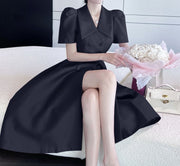 Elegant Double Breasted Midi Puff Sleeve Belted High Waist Plain Dress