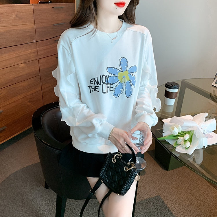 Printed O-Neck Sweatshirt Vintage Work Casual Tops Korean Design Long Sleeve Teet Loose T-Shirts