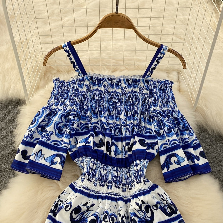 High quality midi flare sleeve cold shoulder blue and white porcelain print dress